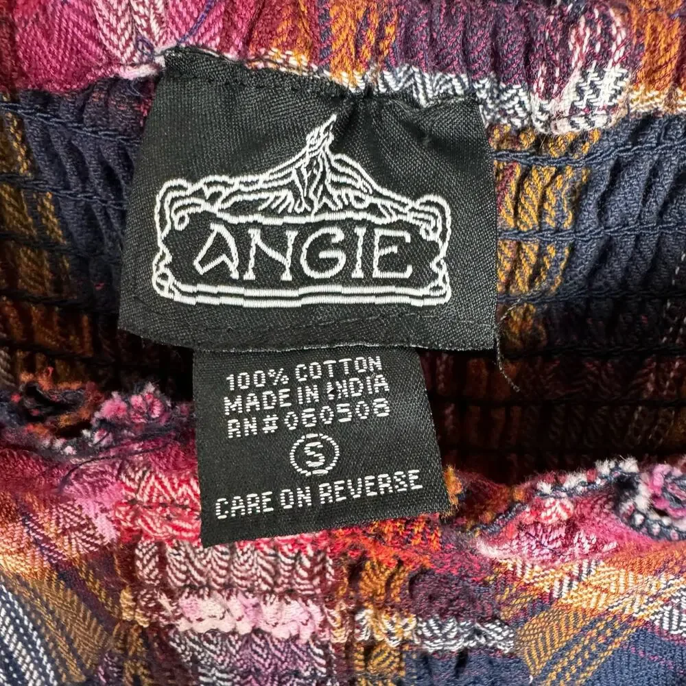 Angie Plaid Flannel Long Sleeve Dress Ruffle Hem Bleach Effect Size S Smocked